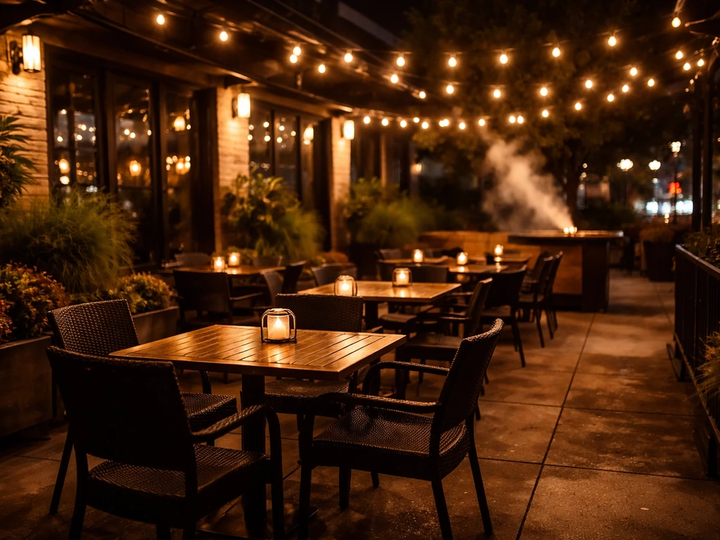 Warmly lit tavern patio at night with inviting outdoor seating and string lights glowing.