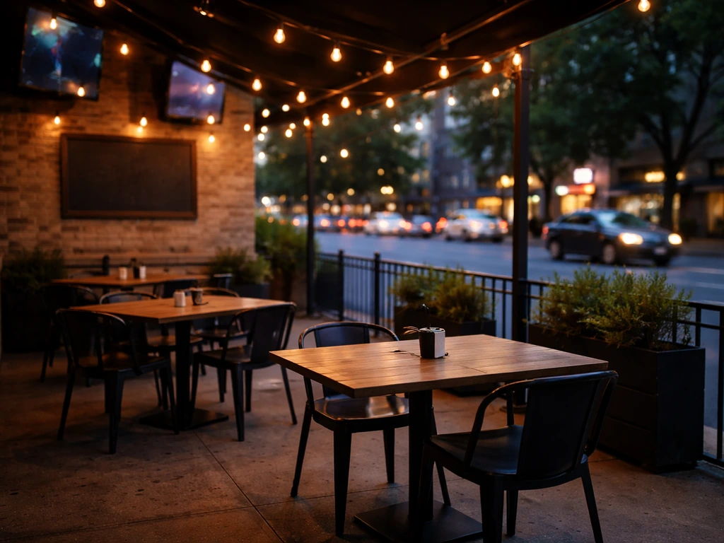 Street-facing sports bar patio with warm string lights, empty outdoor tables, and energetic night street vibe