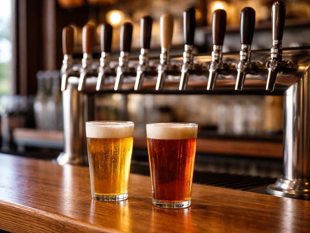 Row of draft beer taps and two pint glasses on a wooden bar in warm light.