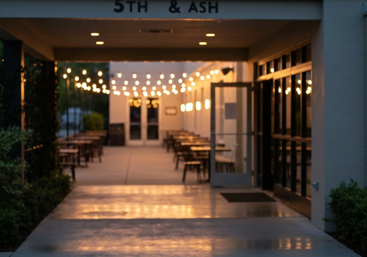 Warm evening exterior establishing shot of an outdoor restaurant patio entrance with soft string lights.