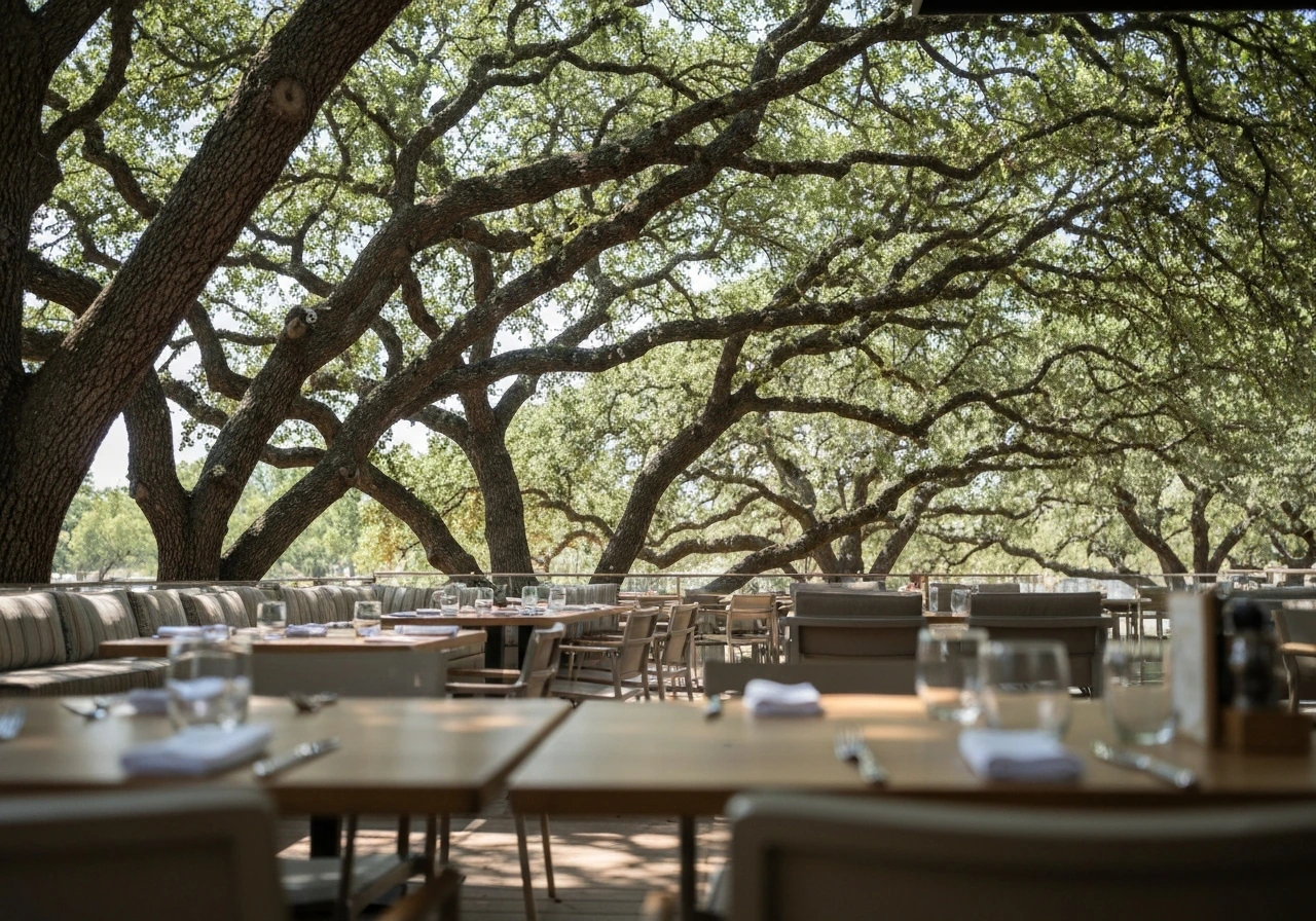 Shaded restaurant patio seating under mature oak trees with outdoor tables and relaxed atmosphere.