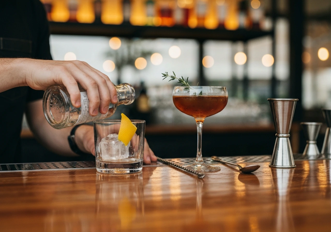 Bartender sliding two neatly garnished cocktail drinks across a polished bar top