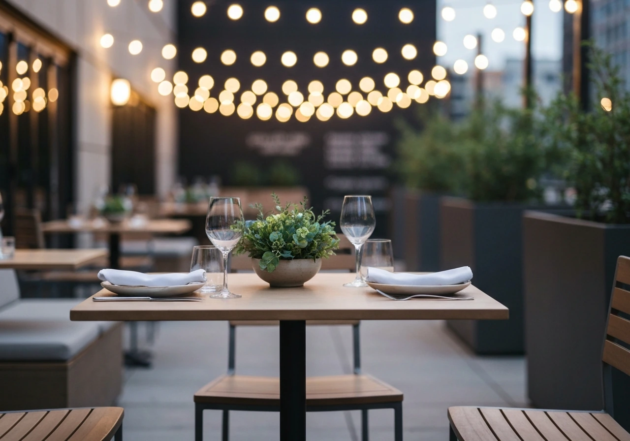 Two-seat patio table set for an early evening date, warm lights and soft bokeh ambiance