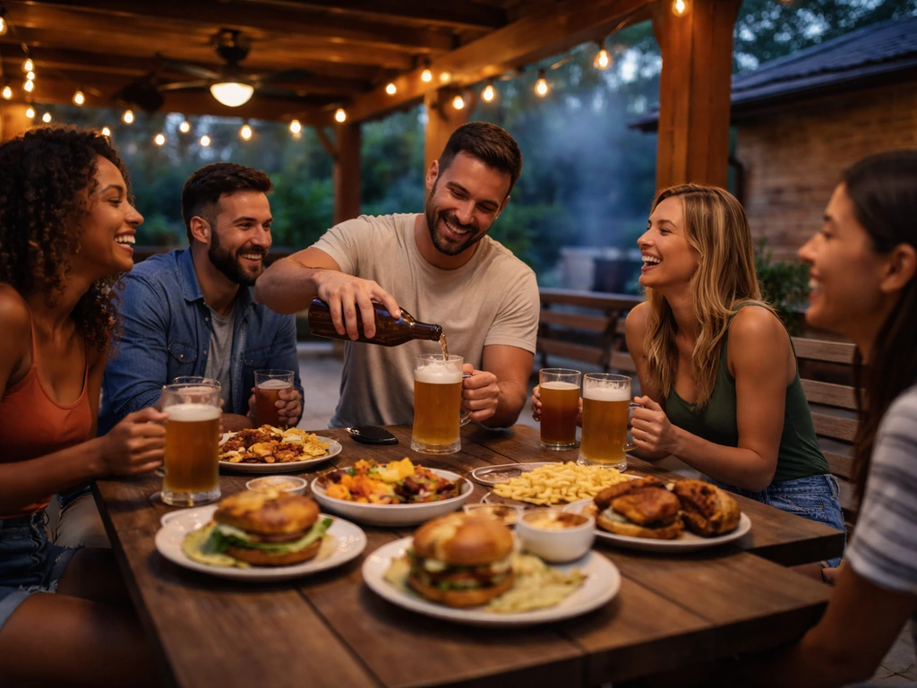 Group of friends on a Texas-style covered patio, casual bar food and cold beer under warm evening lights