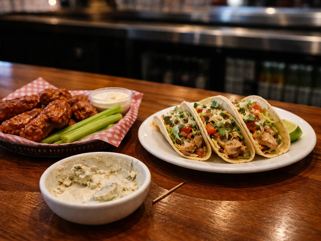 Sports bar appetizer spread: hot wings and tacos beside a neglected dish with a removed bite garnish.