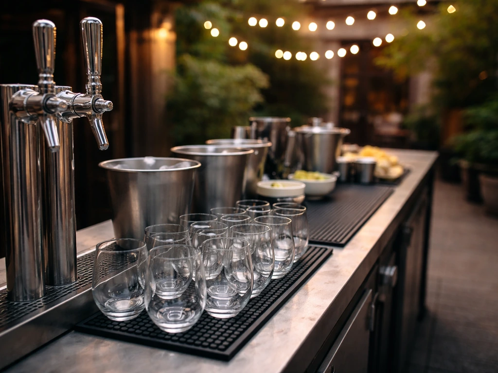 Outdoor patio bar with draft beer taps and neatly set cocktail glasses near ice and garnish bowls.