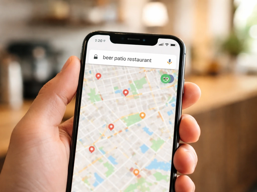 Close-up of a smartphone screen showing a Google Maps search for a beer patio restaurant, with review icons nearby.