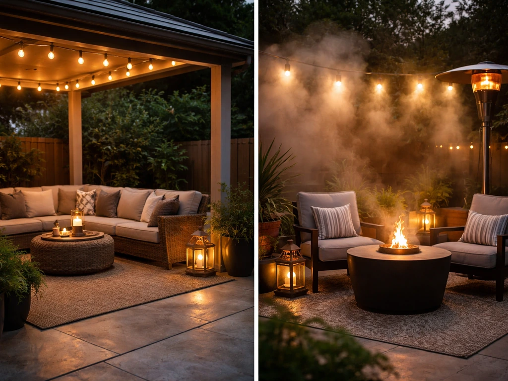 Shaded patio seating with overhead cover on one side and misters/heaters on the other, cozy night ambiance