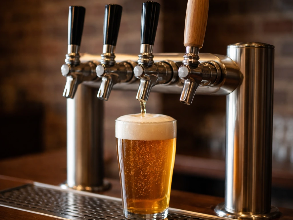 Close-up of draft taps with a well-poured pint and rotating-style seasonal handle, minimal bar background.