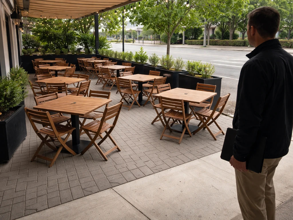 Anonymous person inspecting an outdoor patio layout with tables, spacing, and nearby walkway/road visible.
