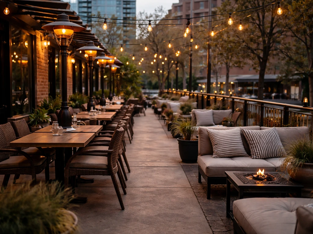 Cozy Denver patio with warm heated lamps and outdoor tables inviting diners.