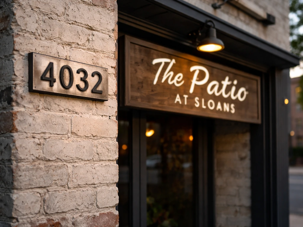 Close-up of storefront signage and address plaque reading “The Patio at Sloans” at 4032 W 17th Ave.