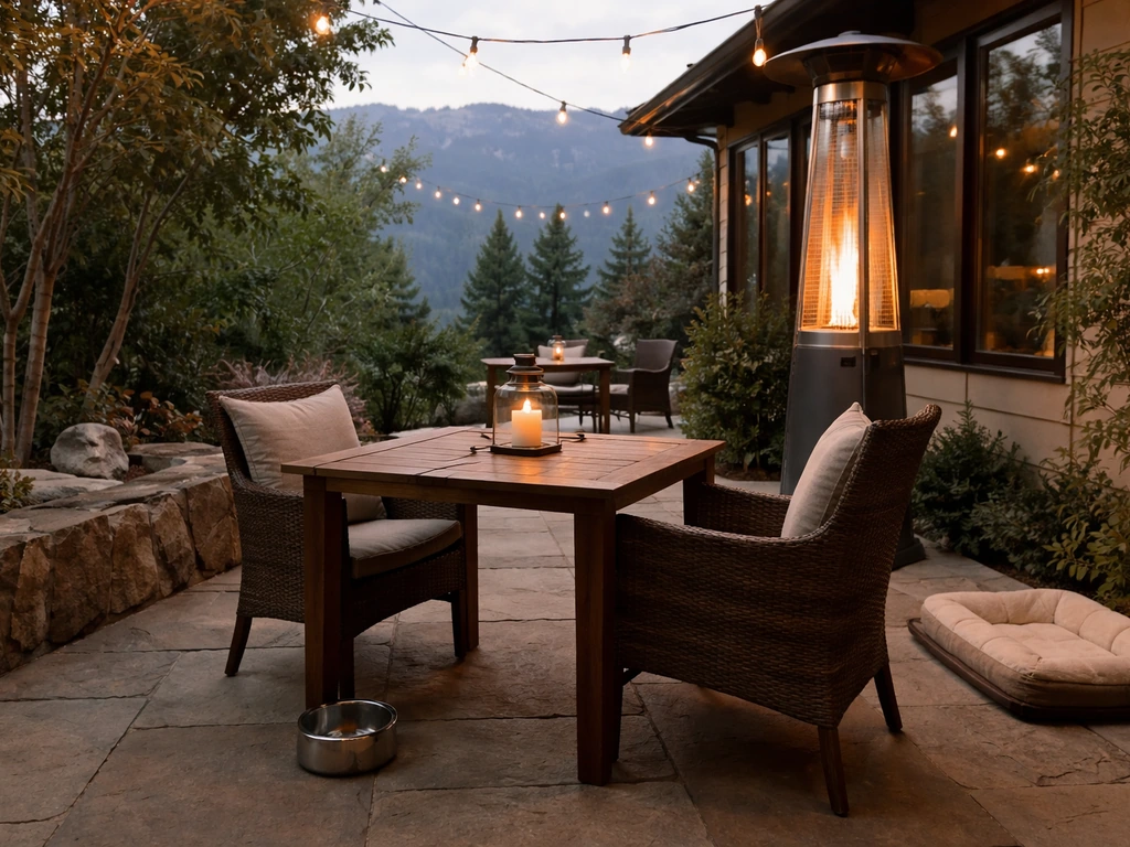Cozy outdoor patio with an illuminated patio heater, neatly spaced tables, and dog-friendly water bowl.