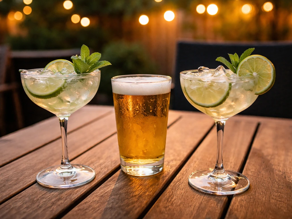 Two cocktails and a chilled beer on a patio table with ice and garnishes, warmly lit outdoor ambiance.