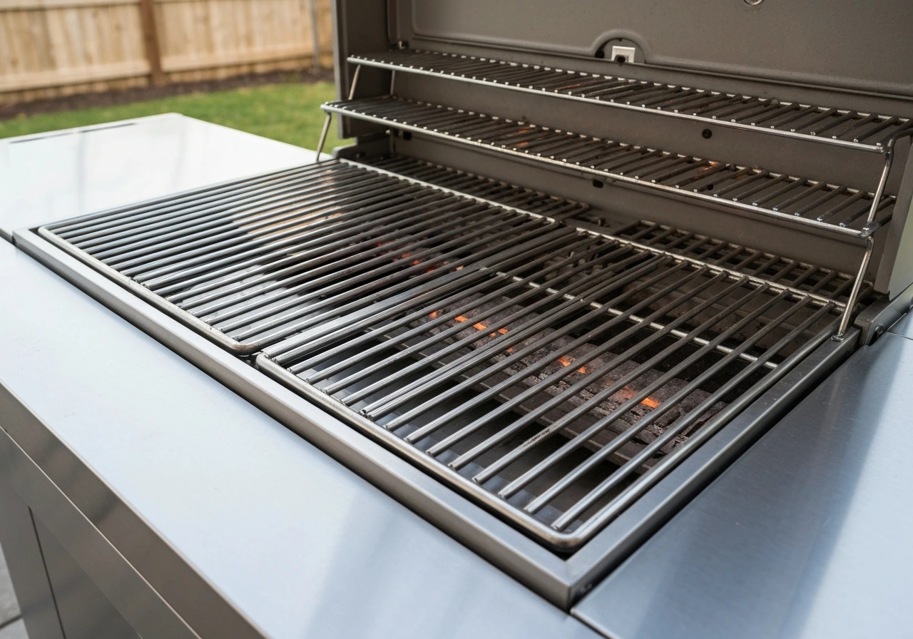 Close-up view of an electric TRU-Infrared grill with visible grilling grates and a warming rack.