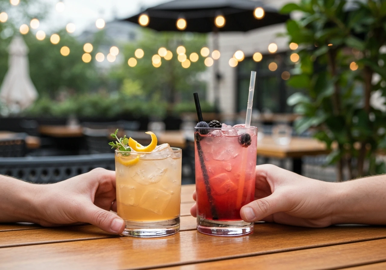 Seasonal cocktail and mocktail on a wooden patio table with warm outdoor ambiance in soft focus.