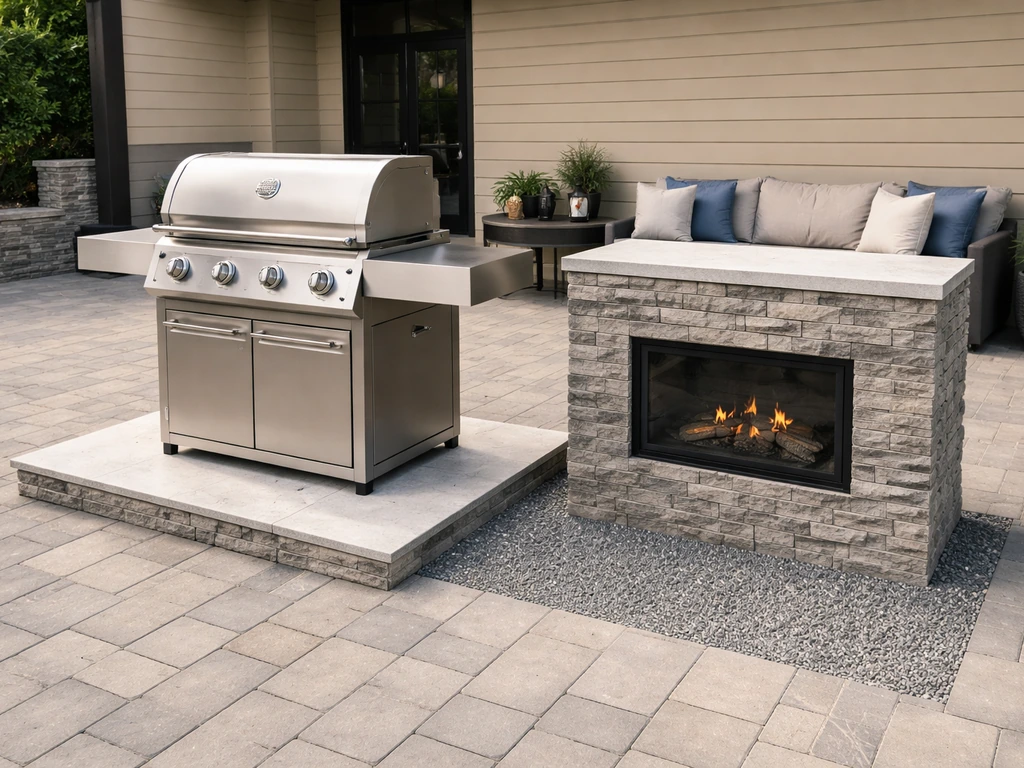Outdoor living product showroom display with grills and a small hearth model under natural light.