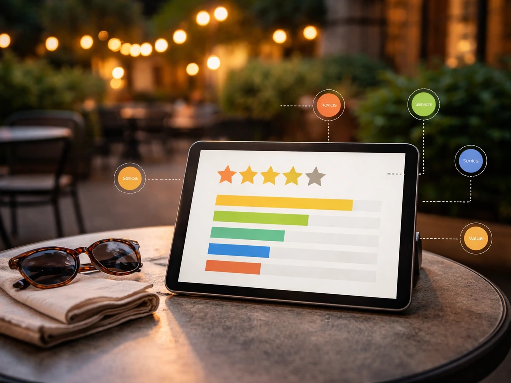 Close-up of a restaurant patio review rating breakdown with sub-scores and category cues.