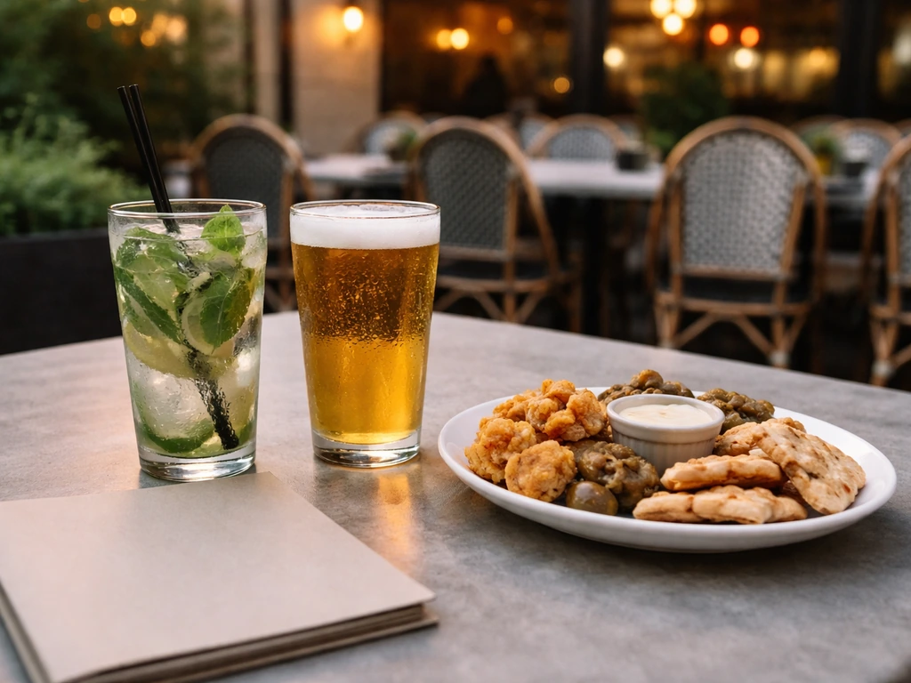 Minimal patio table with drinks and appetizers, softly blurred seating behind it
