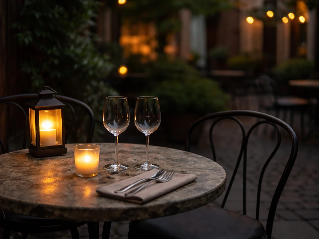Quiet patio dining setup for two at dusk, warm lights and calm ambience, minimal and realistic.