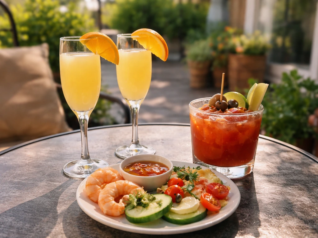 Mimosas and Caesar-style cocktails on a Sunday brunch patio table with small bites and warm morning light.