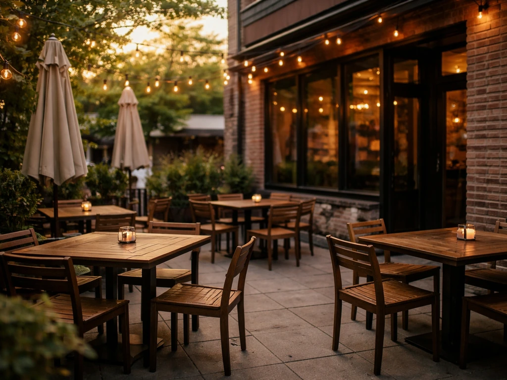 Warm-lit patio outside a bar in Kitchener, Ontario, with empty tables and umbrellas at dusk.