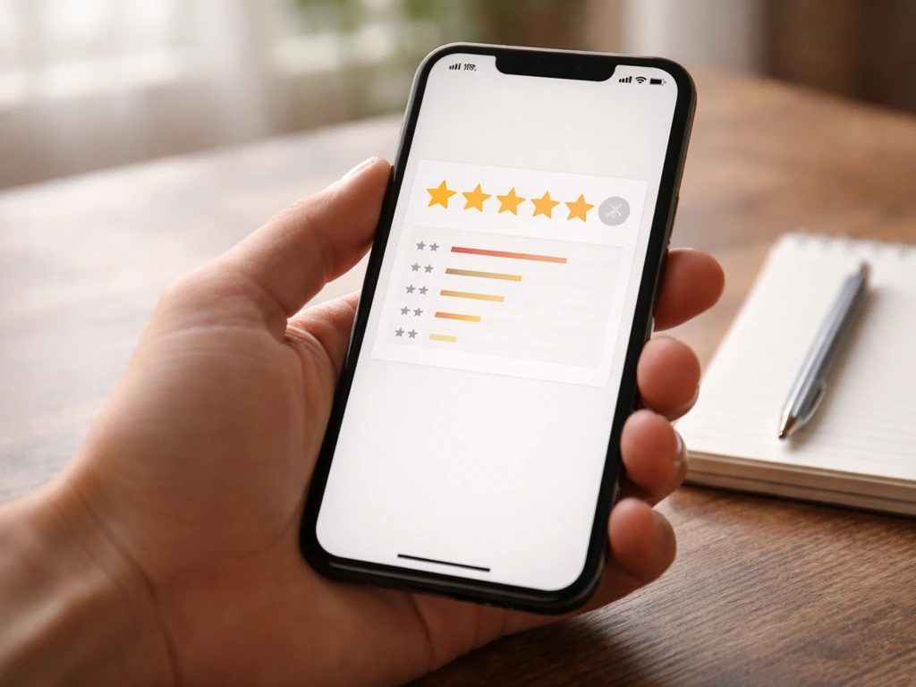 Close-up of a phone screen showing star ratings and review snippets, with an anonymous hand holding it