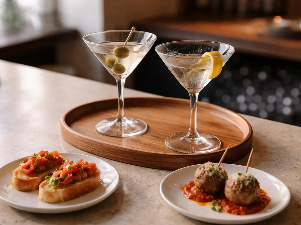 Minimal bar tabletop with martini glasses and small plated appetizers in natural light.