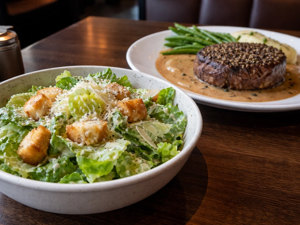 Close-up Caesar salad next to peppercorn steak on a dark wooden restaurant table.