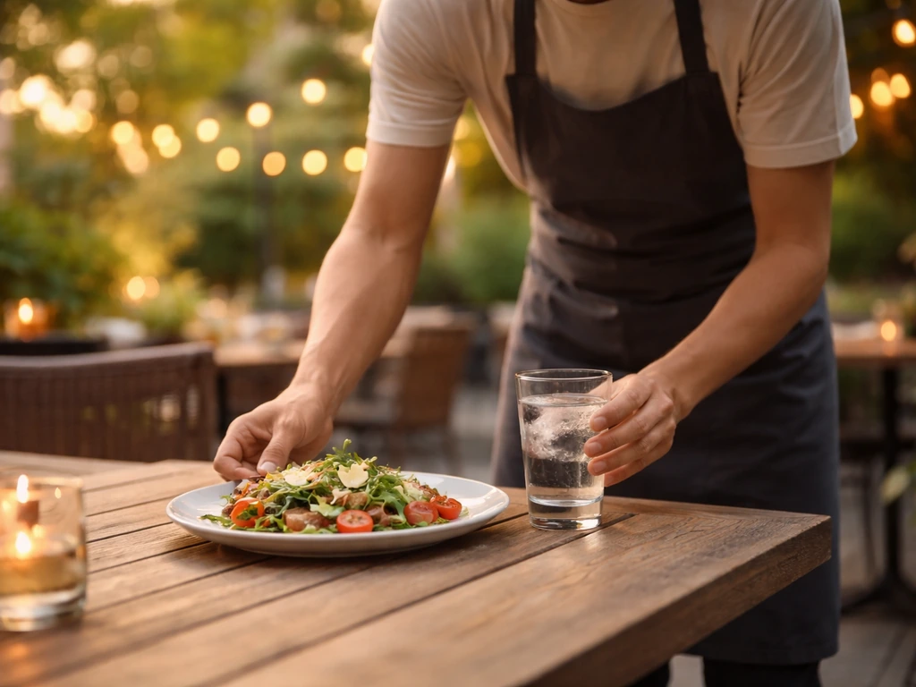 Waitstaff efficiently placing a plate and water on a patio table in warm natural light.
