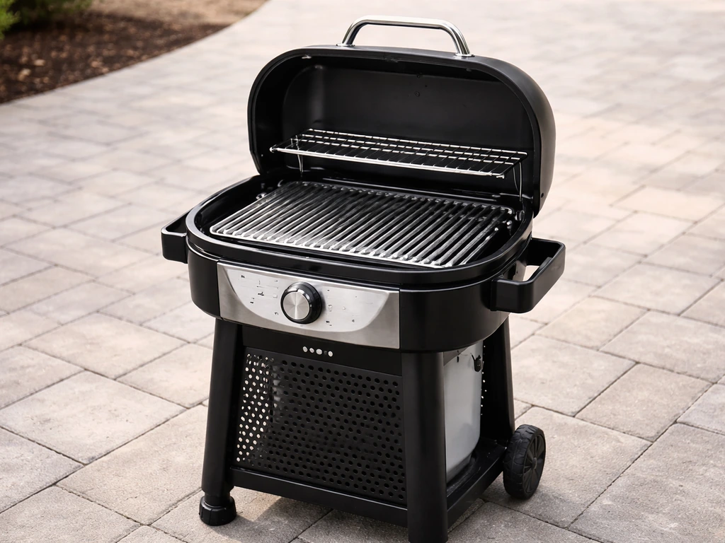 Assembled compact single-burner patio propane grill showing grates, warming rack, and control area.
