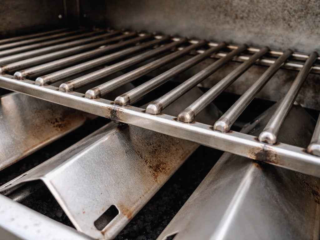 Close-up of open grill firebox and stainless grates, highlighting joints and heat-tent wear areas.