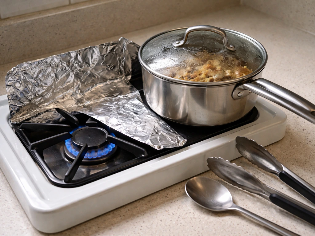 Single-burner stovetop setup with a pot and heat diffuser suggesting poor low-and-slow control.
