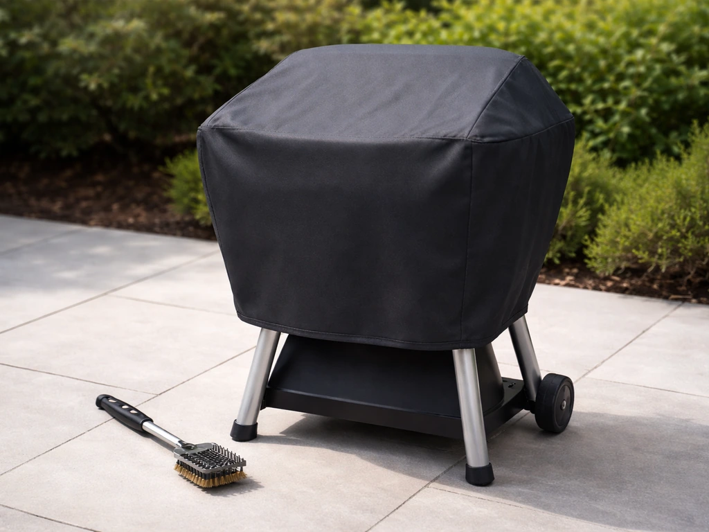 Fitted grill cover on a Patio Bistro 360-style grill with a stainless-safe grill brush nearby