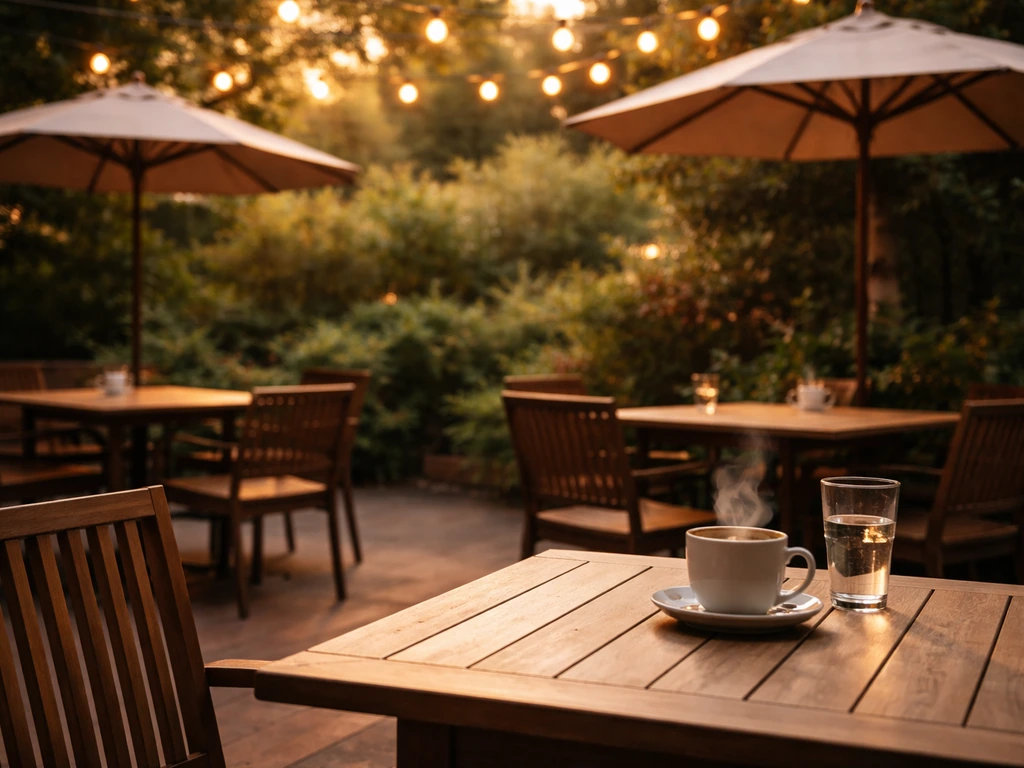 Warmly lit outdoor patio cafe with shaded tables and natural greenery in the background.