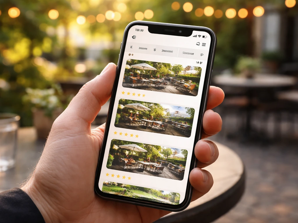 Close-up of a phone displaying patio-cafe review cards with photo thumbnails visible