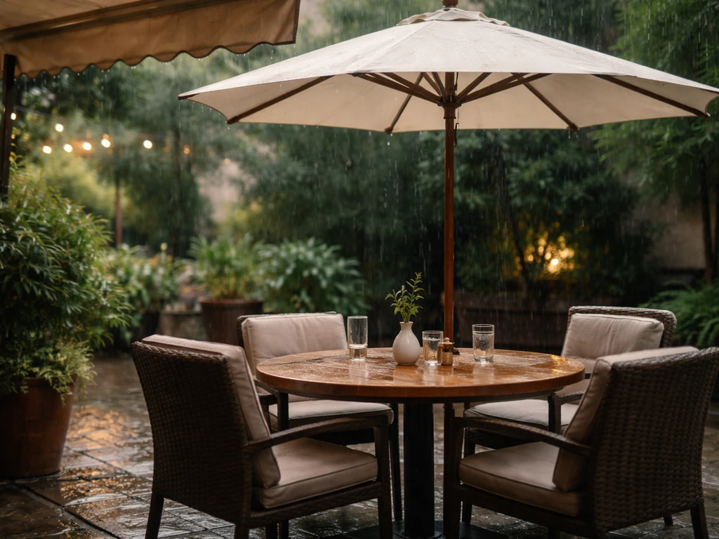 Outdoor patio table under an umbrella with clear light rain protection and a cozy, shaded atmosphere.