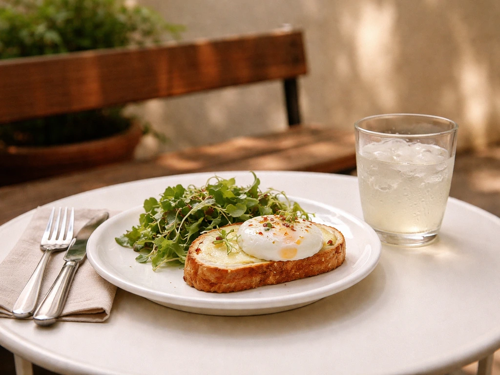 Brunch plate and iced drink on a quiet outdoor patio table in natural daylight