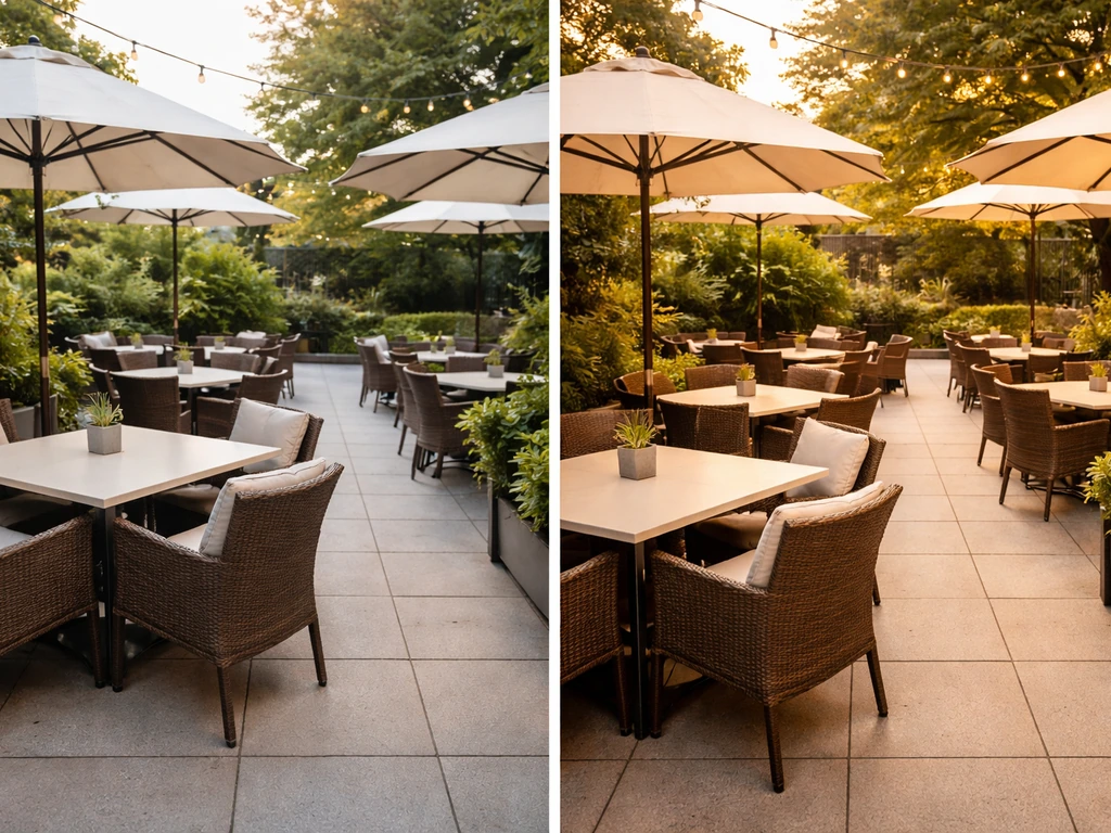 Two-panel collage of a clean, comfortable restaurant patio from different angles and times, consistent upkeep.