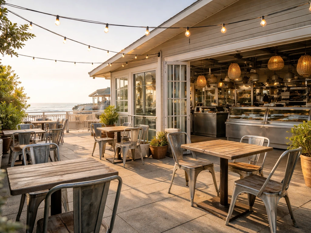 Wide view of Malibu seafood market patio cafe with ocean-adjacent coastal vibe and fresh seafood storefront cues