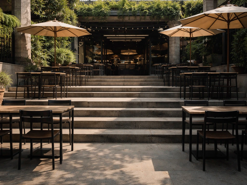 Three-tiered open-air patio with stepped levels and limited umbrellas, seating facing the counter area.