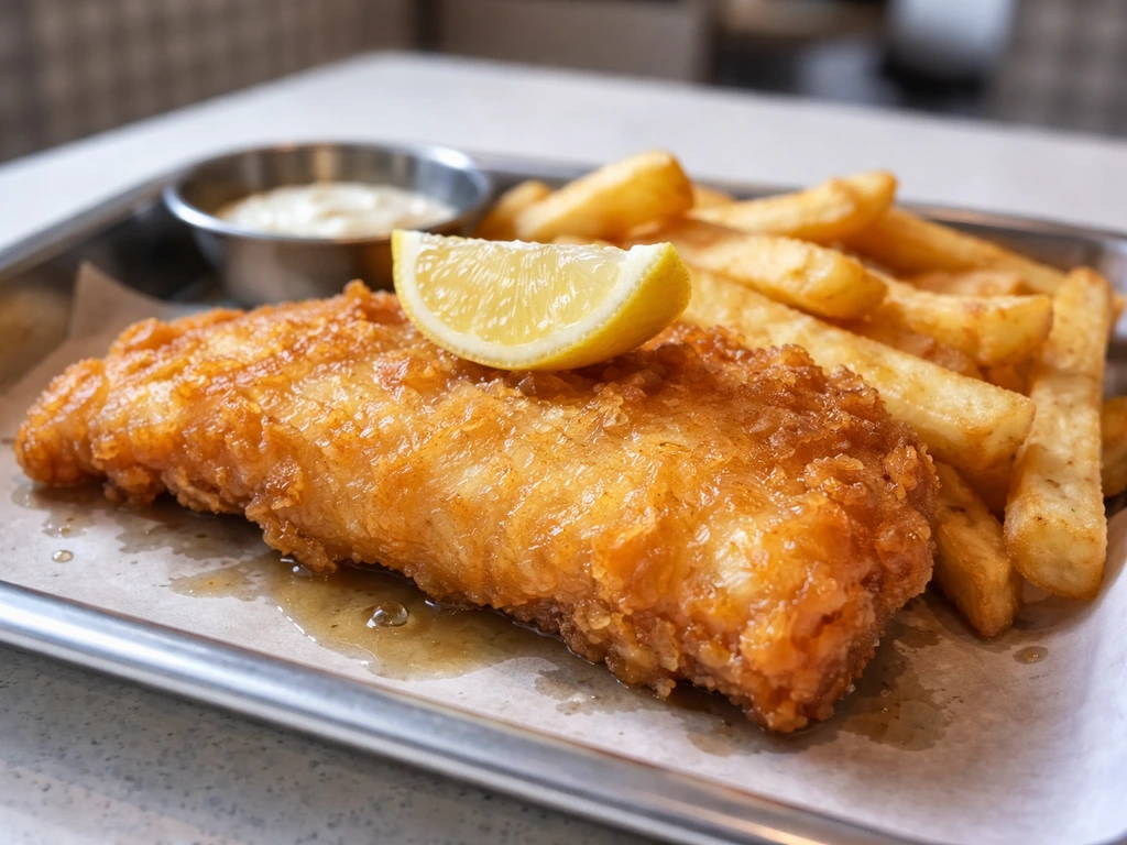 Hot fish and chips with crisp golden batter and thick fries on a simple tray.