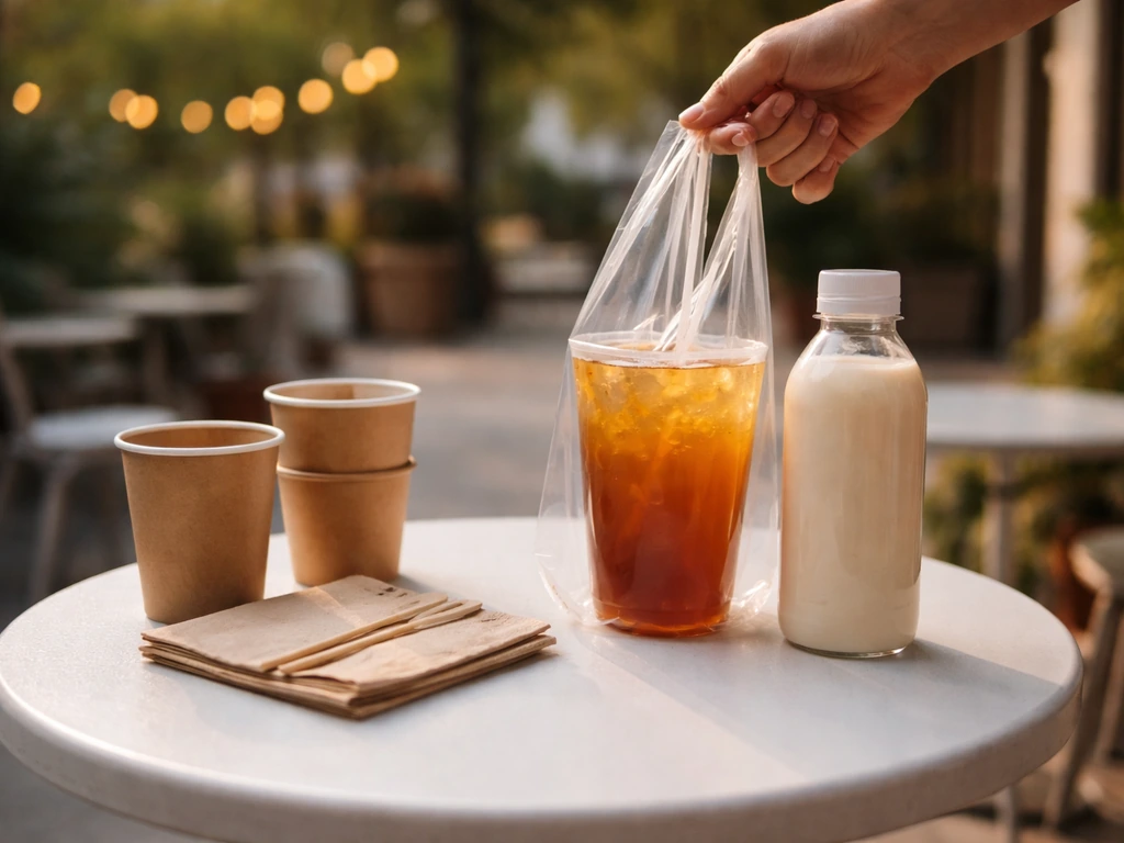 Anonymous hand brings sealed bottles and cups to a BYOB-style patio table, no full bar visible.