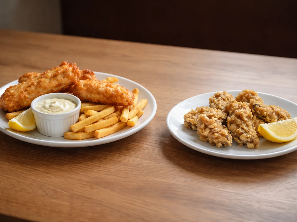 Separate plates of fish and chips and fried oysters on a simple table for easy ordering tips.