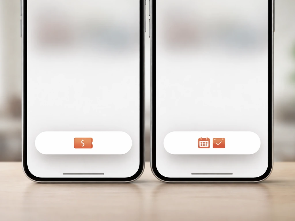 Phone photo mock of two side-by-side event booking cards showing different call-to-action buttons.