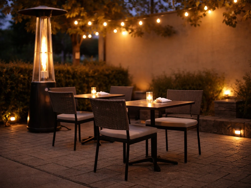 Cozy outdoor patio with neatly arranged seating under warm lights and a heater glowing softly