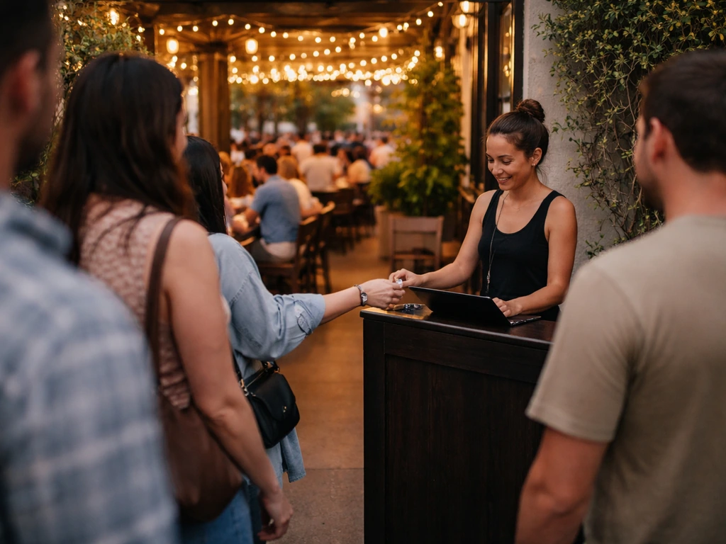 Patio entrance line with a host stand and a wristband/ticket-entry check at busy evening hours.