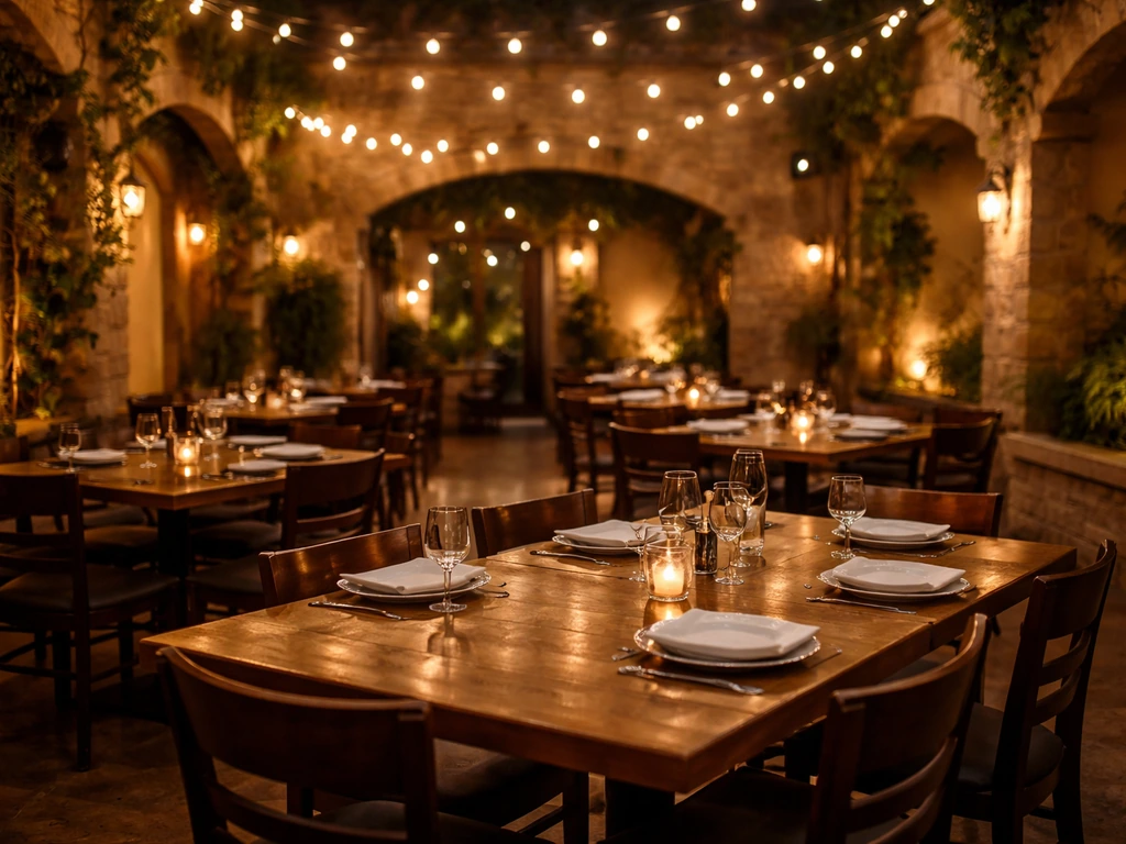 Warmly lit restaurant courtyard patio with neatly set dining tables and inviting ambiance