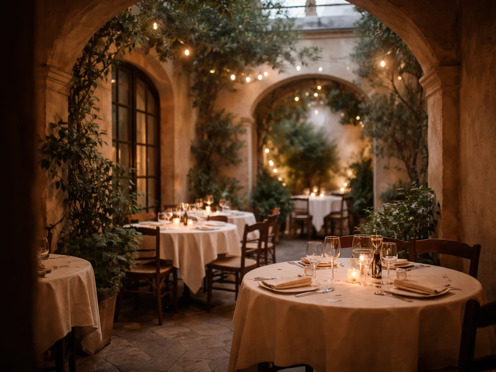 Warmly lit indoor courtyard dining room with intimate tables, soft greenery, and archways.
