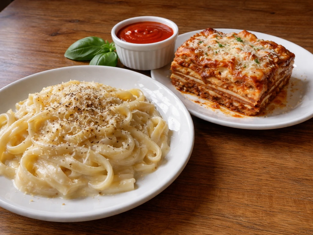 Plates of creamy fettuccine alfredo and layered lasagna on a simple wooden table with basil and sauce.
